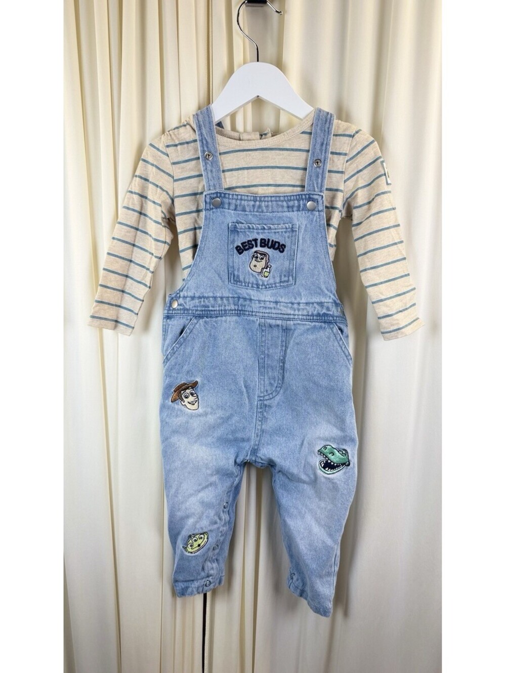 Disney Boys 24M 2pc Denim Overalls + Striped LS Shirt Toy Story Best Buds